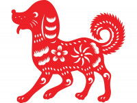 Petit chien dessiné en rouge avec des fleurs blanches