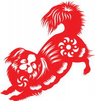 Petit chien Pékinois couché sur le ventre dessiné avec du rouge et des fleurs blanches