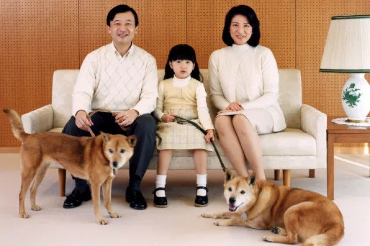 L'empereur du Japon, sa femme et leur fille posant pour une photo avec leurs deux chiens