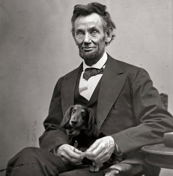 Photo d'Abraham Lincoln assis avec son chien Fido installé sur lui