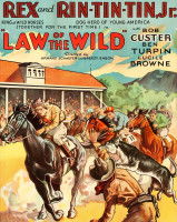 L'affiche du premier &eacute;pisode de &laquo; Law of the Wild &raquo; (1934), avec Rintintin Junior et le cheval Rex