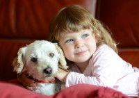 Une petite fille et son chiot assis côte à côte