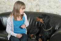 Une femme et son chien assis sur un canapé se fixent du regard