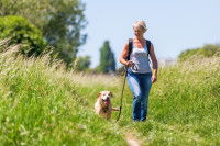 Une femme et son chien font une randonnée