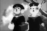 Monkey et Puppy en train de dire au revoir à leurs familles dans « Momotaro: Sacred Sailors »