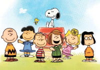 Une image de la bande dessinée « Peanuts » montrant Snoopy à côté des autres personnages