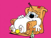 Une couverture d'une bande dessinée « Cubitus » le montrant en train de dormir dans un fauteuil