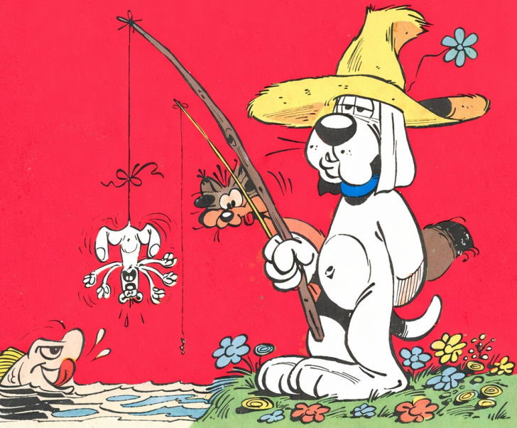 Une couverture de la bande dessinée « Gai-Luron » montrant Gai-Luron pêchant à la ligne avec une souris comme appât