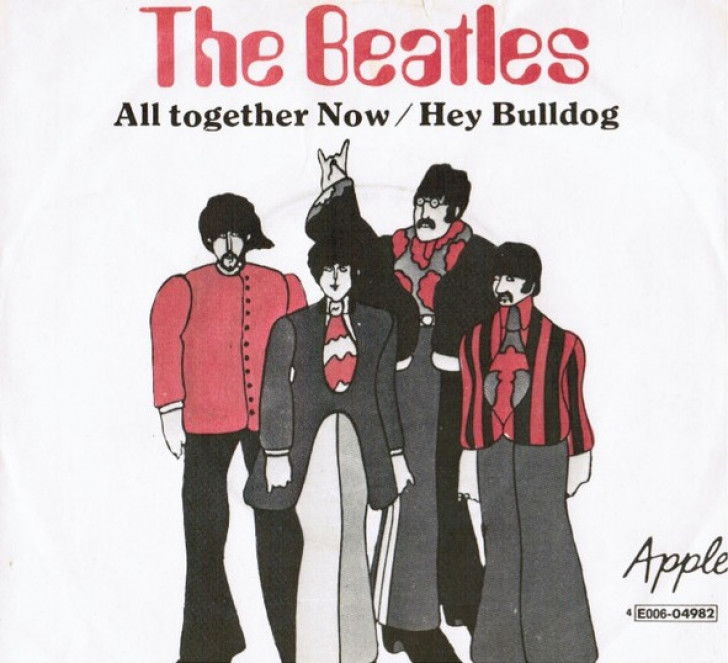 La jaquette d'un album des Beatles comportant les titres « All together Now » et « Hey Bulldog »