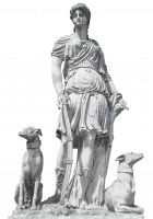 Une statue de Diane avec deux chiens à ses côtés