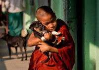 Un jeune moine bouddhiste serrant un chiot dans ses bras