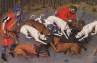 Une illustration du Moyen Âge représentant des chasseurs et leurs chiens en train de capturer un sanglier