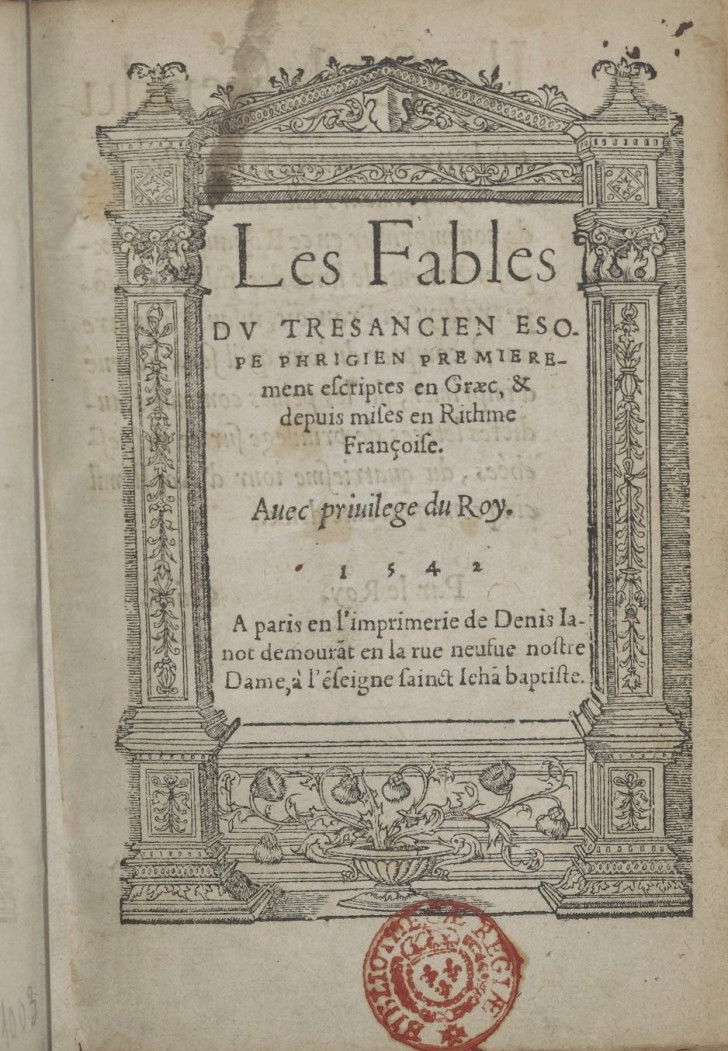 Page de couverture du recueil « Les Fables du très ancien Ésope Phrygien premièrement escriptes en Graec et depuis mises en rhitme françoise », de Gilles Corrozet