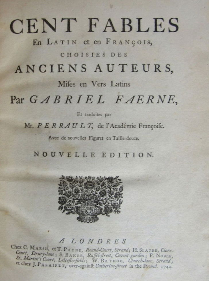 Page de couverture du recueil « Cent Fables en latin et en françois, choisies des anciens auteurs, mises en vers latin par Gabriel Faerne et traduites par Mr. Perrault », de Charles Perrault