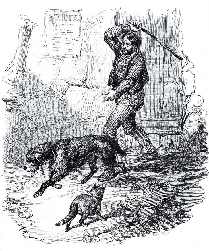 Illustration en noir et blanc de la fable « Le Chien et le Chat », de Jean-Pierre Claris de Florian