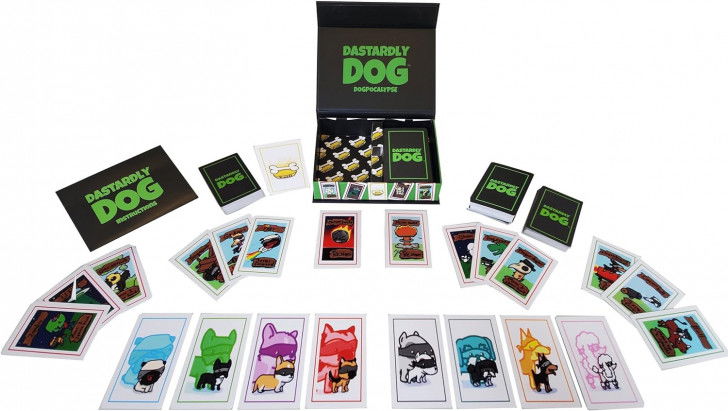 La boîte et le contenu du jeu de société « Dastardly Dog : Dogpocalypse »