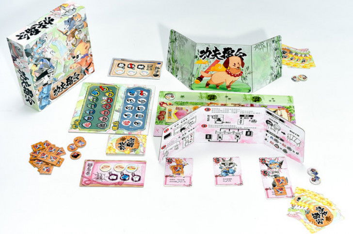 La boîte et le contenu du jeu de société « Kung Fur Fight »