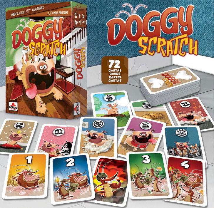 La boîte et les cartes du jeu de société « Doggy Scratch »