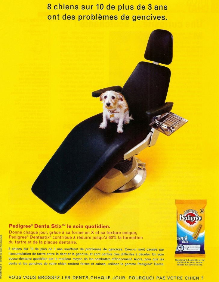 Une affiche de publicité pour des bâtonnets à mâcher Pedigree Denta Stix représentant un Jack Russel Terrier sur un fauteuil de dentiste.