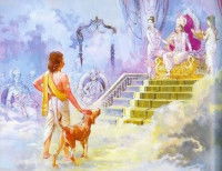 Une peinture représentant Yudhishthira arrivant aux cieux avec son chien et accueilli par la déesse Indra