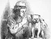 Une gravure sur bois représentant le serviteur Launce parlant à son chien Crab dans « Les Deux Gentilshommes de Vérone »