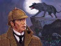 Une illustration du roman « Le Chien des Baskerville » mettant en scène Sherlock Holmes et l'animal du livre