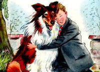 Une illustration pour le livre « Lassie, chien fidèle » mettant en scène Lassie recevant un câlin de son maître