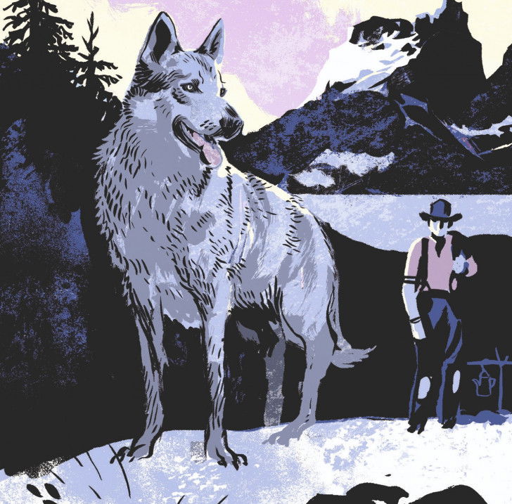 Une représentation de Croc-Blanc avec une montagne en arrière-plan