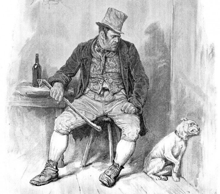 Une illustration du livre « Oliver Twist » montrant Bill Sikes avec un bâton dans la main et regardant Bull's Eye, qui a peur