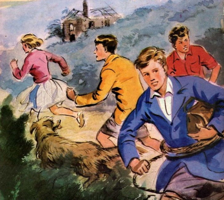 Une illustration du Club des Cinq courant avec leur chien Dagobert