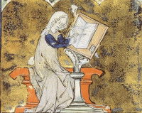 Une illustration montrant Marie de France assise et écrivant dans un livre