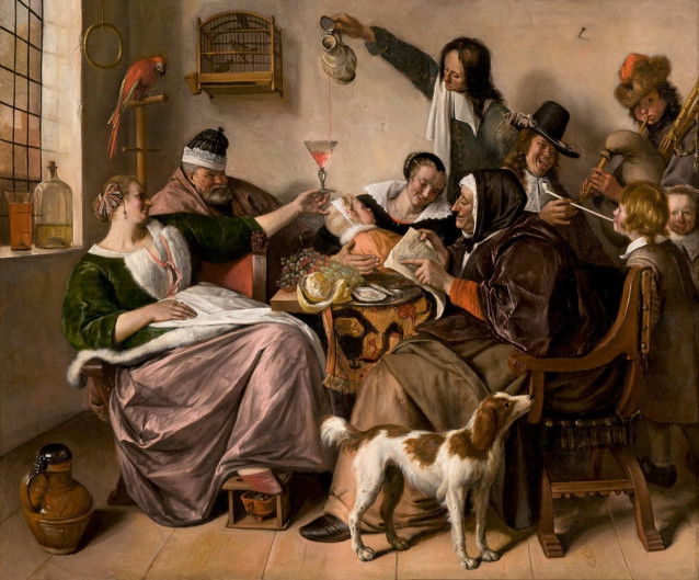 Le tableau « La joyeuse famille (Soo voer gesongen, soo na gepepen) », de Jan Steen, qui représente une famille avec son chien
