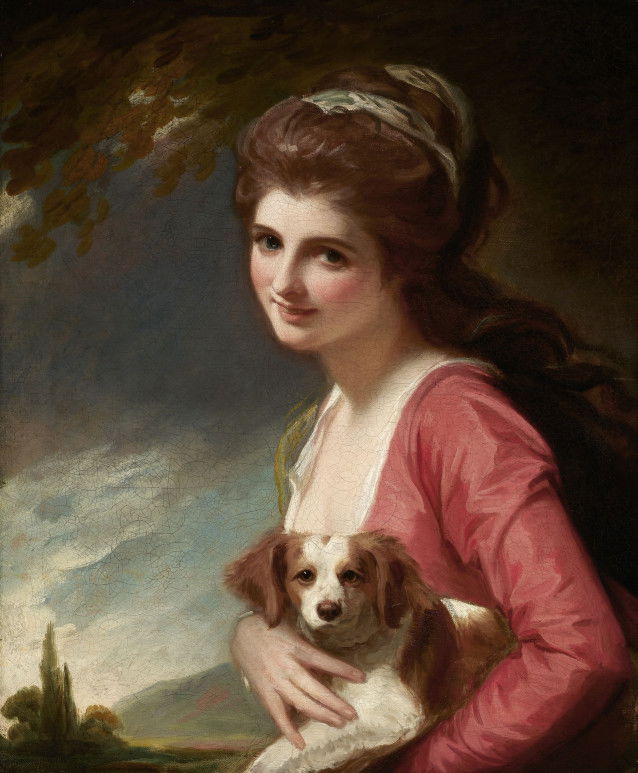 Le tableau « Lady Hamilton au naturel (Lady Hamilton as Nature) », de George Romney, qui représente une jolie femme avec son chien