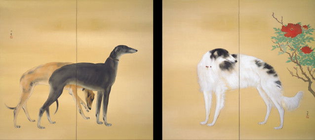 « Chiens d’Europe (Kara Inu-zu) », de Hashimoto Kansetsu, peinture de trois Barzoïs sur deux panneaux en bois