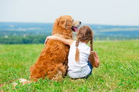 Une petite fille assise sur l'herbe en train de faire un câlin à un chien