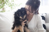 Une femme tient son petit chien dans les bras