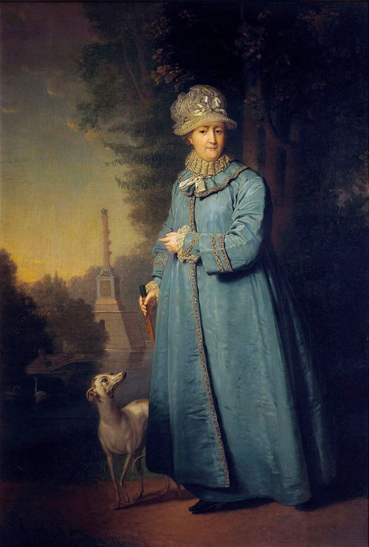 Tableau de Catherine II de Russie avec sa chienne Zemira dans un parc à Tsarskoye Selo