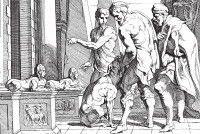 Une iIllustration en noir et blanc d'Ulysse avec son chien Argos.