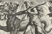 Hercule affrontant Cerbère, le chien a trois têtes gardien des Enfers.