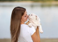 Une femme dog-sitter garde un chien