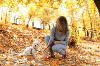 Une dog-sitter promène le chien dont elle a la garde