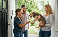 Une femme tenant un chien dans ses bras et souriant à un homme et une femme dans l'entrée d'une maison