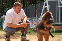 L'éducateur Canin Eric Tramson tenant un chiot avec une laisse