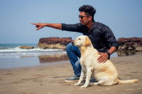 Un homme indien et son chien sur une plage