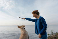 Une femme jouant avec son chien au bord d'une étendue d'eau