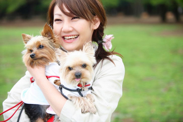 Un femme portant deux Yorkshire Terrier dans ses bras