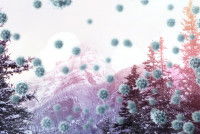 Schéma de virus en train de flotter sur un paysage d'hiver