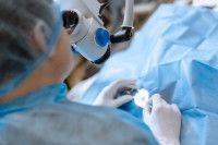 Un vétérinaire ophtalmologue opère l'oeil d'un chien