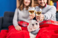 Un couple avec un petit chien boit du champagne dans un lit