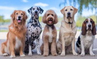 Plusieurs chiens de différentes races assis côte à côte